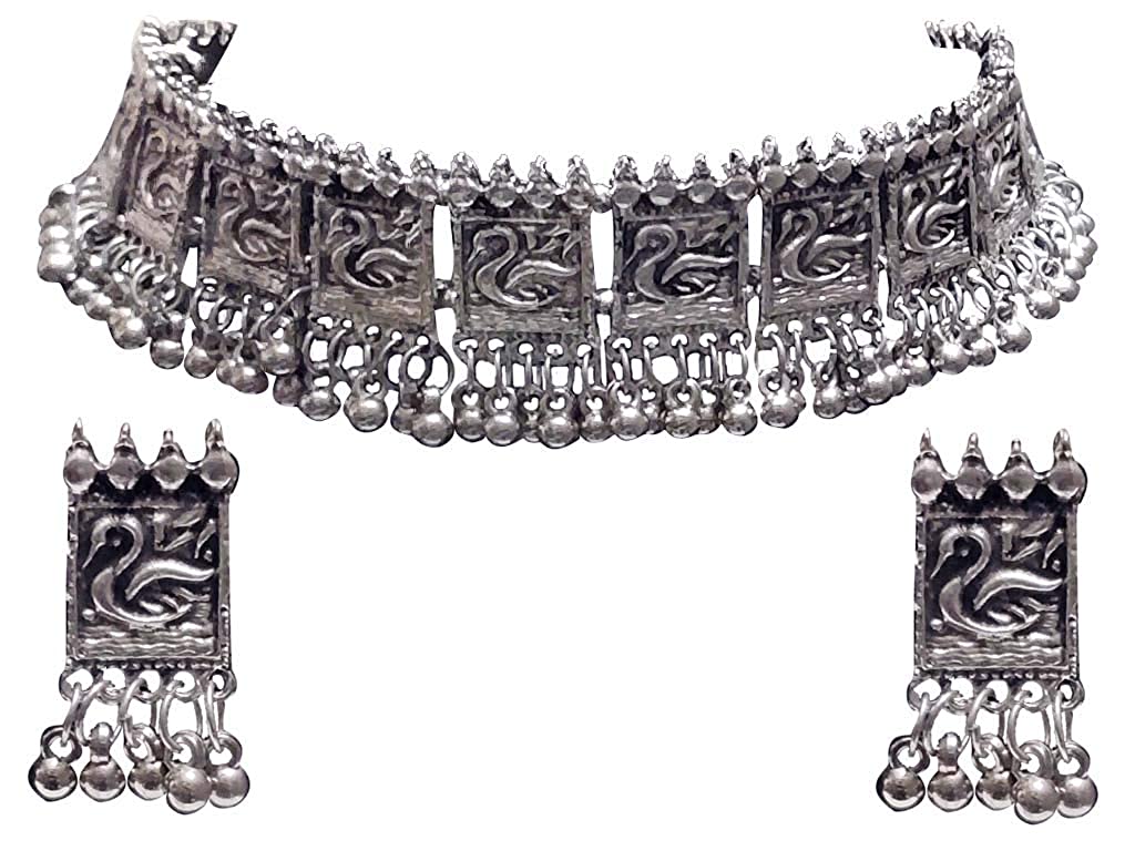 Silver-Plated Alloy Oxidised Silver Geometric Necklace - The Pari | Grocsy