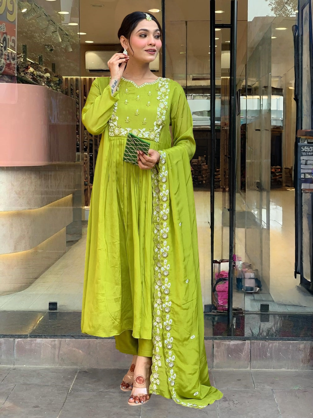 The52 Embroidered Chinon Fabric Straight Kurta, Pant and Dupatta Set | Grocsy