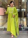 The52 Embroidered Chinon Fabric Straight Kurta, Pant and Dupatta Set | Grocsy