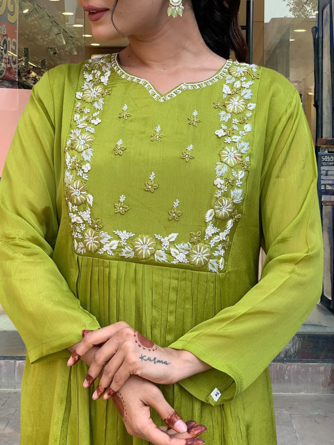 The52 Embroidered Chinon Fabric Straight Kurta, Pant and Dupatta Set | Grocsy