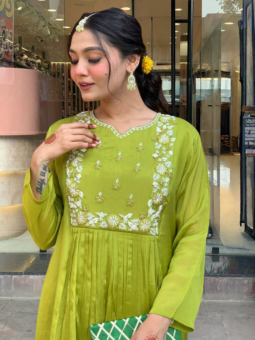 The52 Embroidered Chinon Fabric Straight Kurta, Pant and Dupatta Set | Grocsy