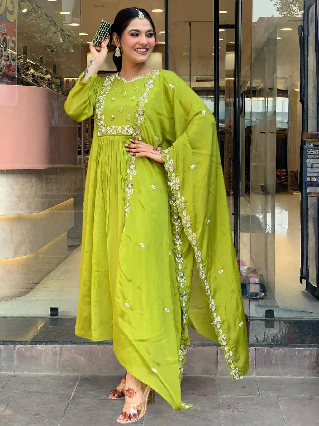 The52 Embroidered Chinon Fabric Straight Kurta, Pant and Dupatta Set | Grocsy