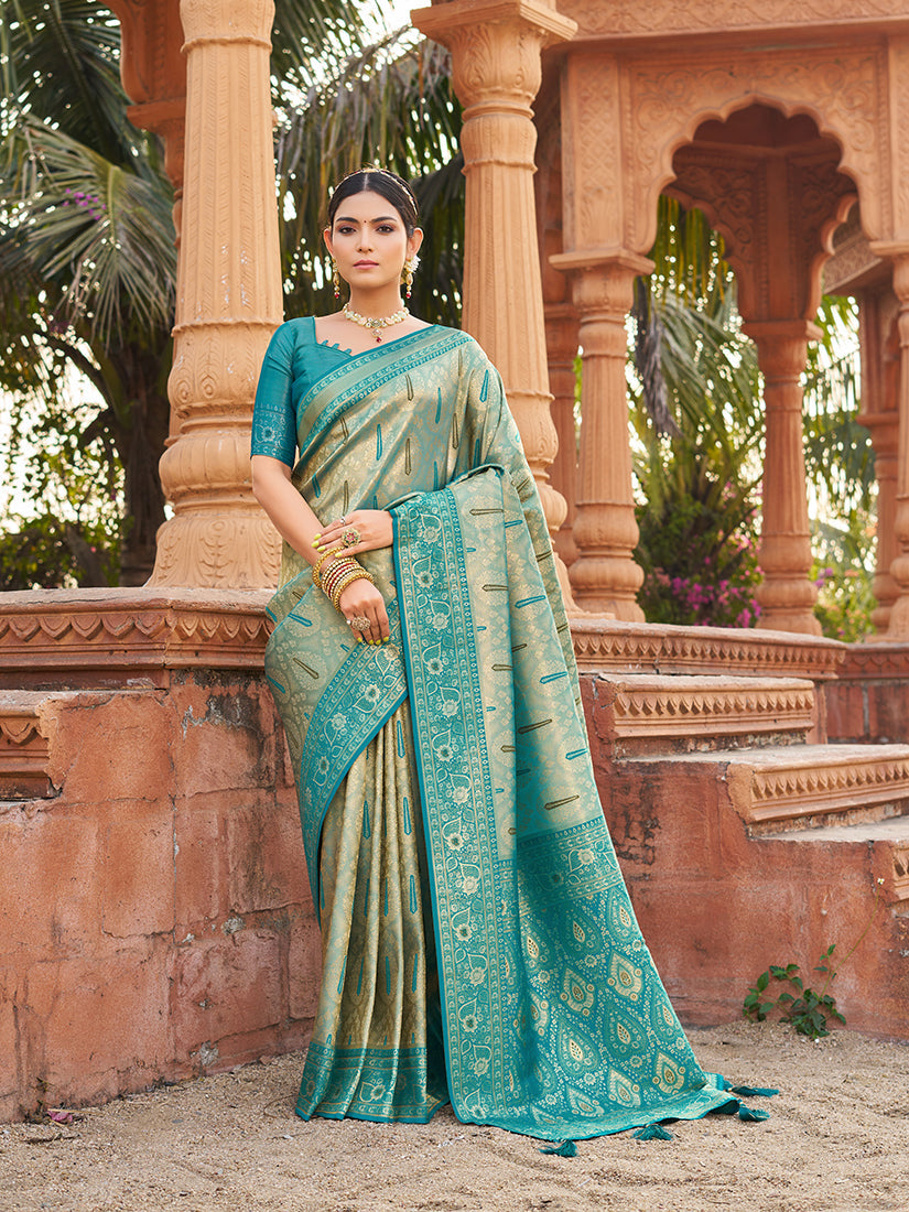Monjolika Fashion Women's Turquoise Soft Banarasi Silk Blend Zari Woven Saree With Blouse | Grocsy