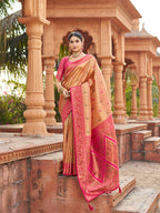 Monjolika Fashion Women's Peach Soft Banarasi Silk Blend Zari Woven Saree With Blouse | Grocsy