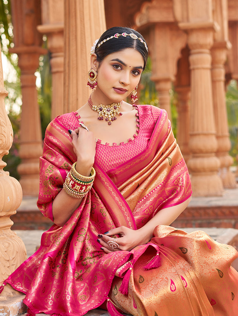 Monjolika Fashion Women's Peach Soft Banarasi Silk Blend Zari Woven Saree With Blouse | Grocsy