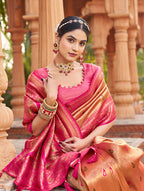 Monjolika Fashion Women's Peach Soft Banarasi Silk Blend Zari Woven Saree With Blouse | Grocsy
