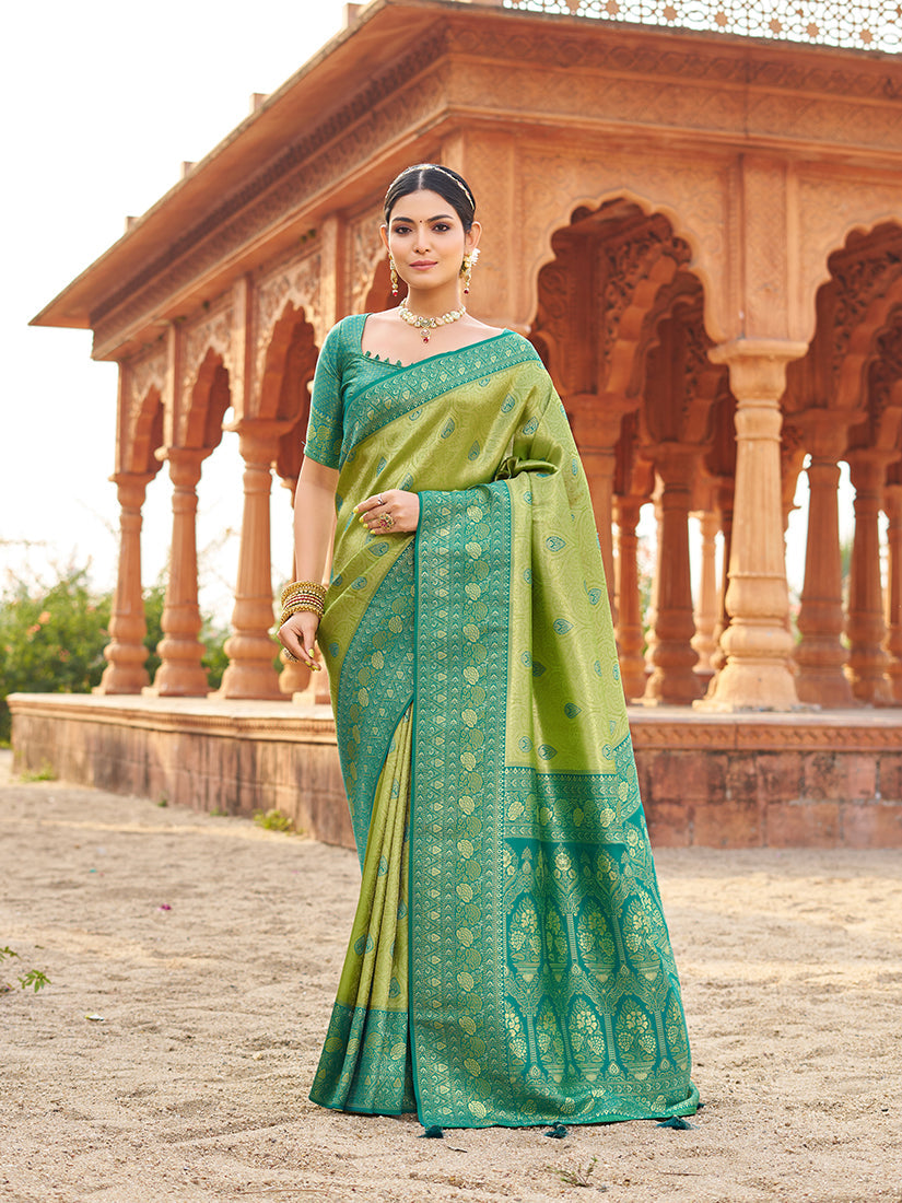 Monjolika Fashion Women's Green Soft Banarasi Silk Blend Zari Woven Saree With Blouse | Grocsy