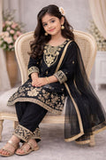 Evanik Black Silk Blend Embroidered Kids Top Salwar & Dupatta | Grocsy