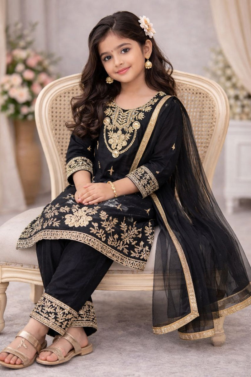 Evanik Black Silk Blend Embroidered Kids Top Salwar & Dupatta | Grocsy
