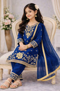 Evanik Blue Silk Blend Embroidered Kids Top Salwar & Dupatta | Grocsy