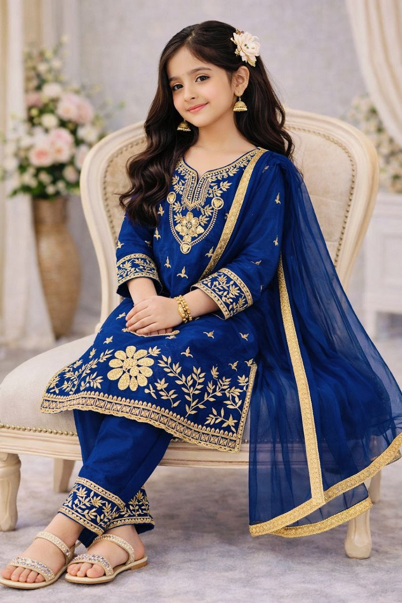 Evanik Blue Silk Blend Embroidered Kids Top Salwar & Dupatta | Grocsy