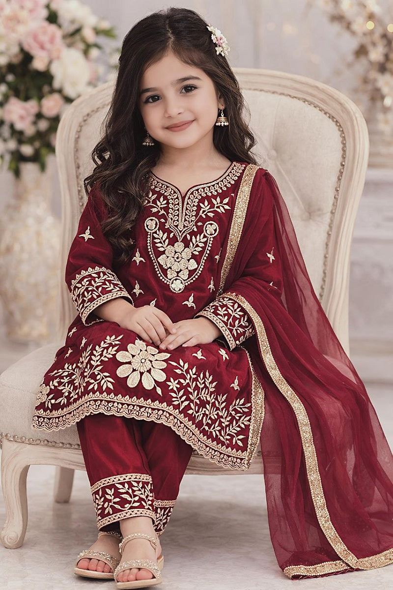 Evanik Maroon Silk Blend Embroidered Kids Top Salwar & Dupatta | Grocsy