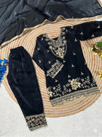 Evanik Black Silk Blend Embroidered Kids Top Salwar & Dupatta | Grocsy