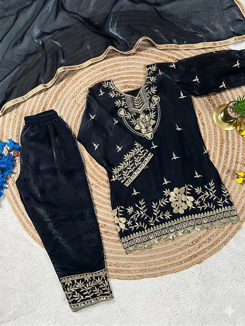 Evanik Black Silk Blend Embroidered Kids Top Salwar & Dupatta | Grocsy
