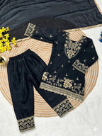Evanik Black Silk Blend Embroidered Kids Top Salwar & Dupatta | Grocsy