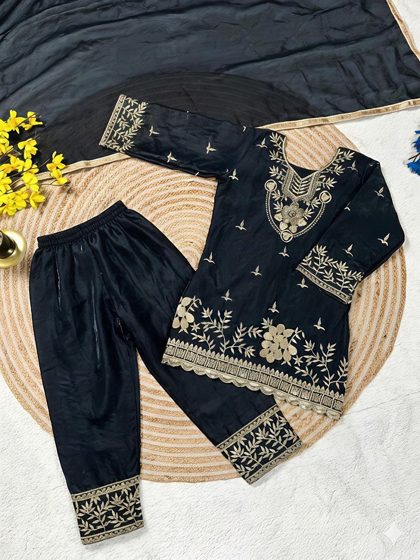 Evanik Black Silk Blend Embroidered Kids Top Salwar & Dupatta | Grocsy