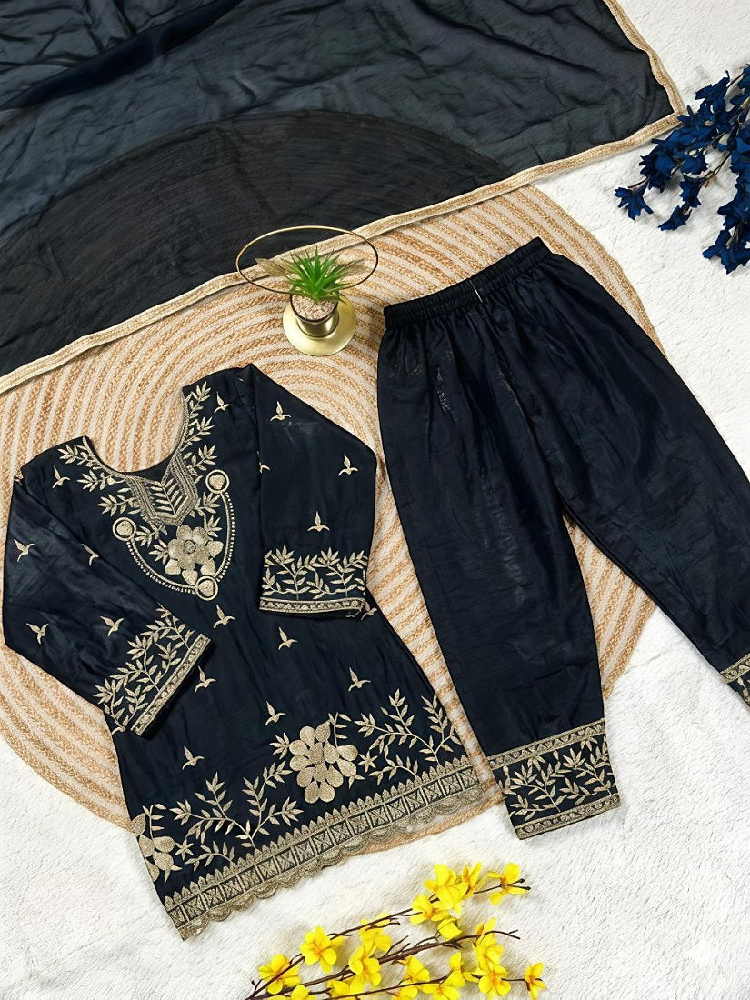 Evanik Black Silk Blend Embroidered Kids Top Salwar & Dupatta | Grocsy