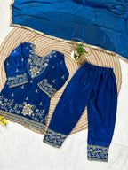 Evanik Blue Silk Blend Embroidered Kids Top Salwar & Dupatta | Grocsy