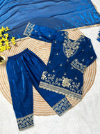 Evanik Blue Silk Blend Embroidered Kids Top Salwar & Dupatta | Grocsy