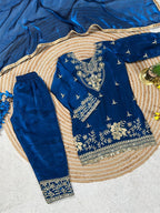 Evanik Blue Silk Blend Embroidered Kids Top Salwar & Dupatta | Grocsy