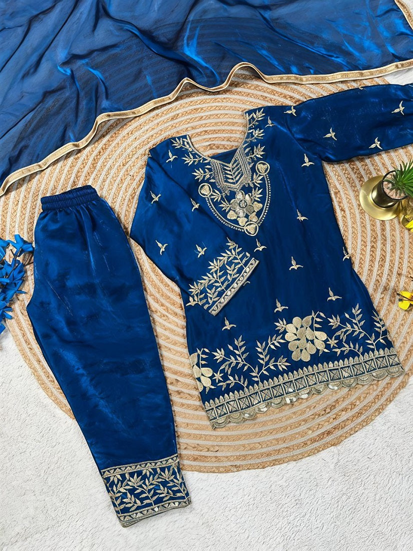 Evanik Blue Silk Blend Embroidered Kids Top Salwar & Dupatta | Grocsy