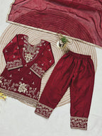 Evanik Maroon Silk Blend Embroidered Kids Top Salwar & Dupatta | Grocsy