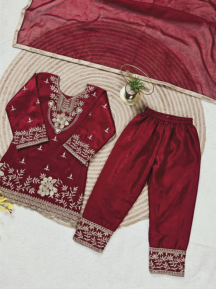 Evanik Maroon Silk Blend Embroidered Kids Top Salwar & Dupatta | Grocsy