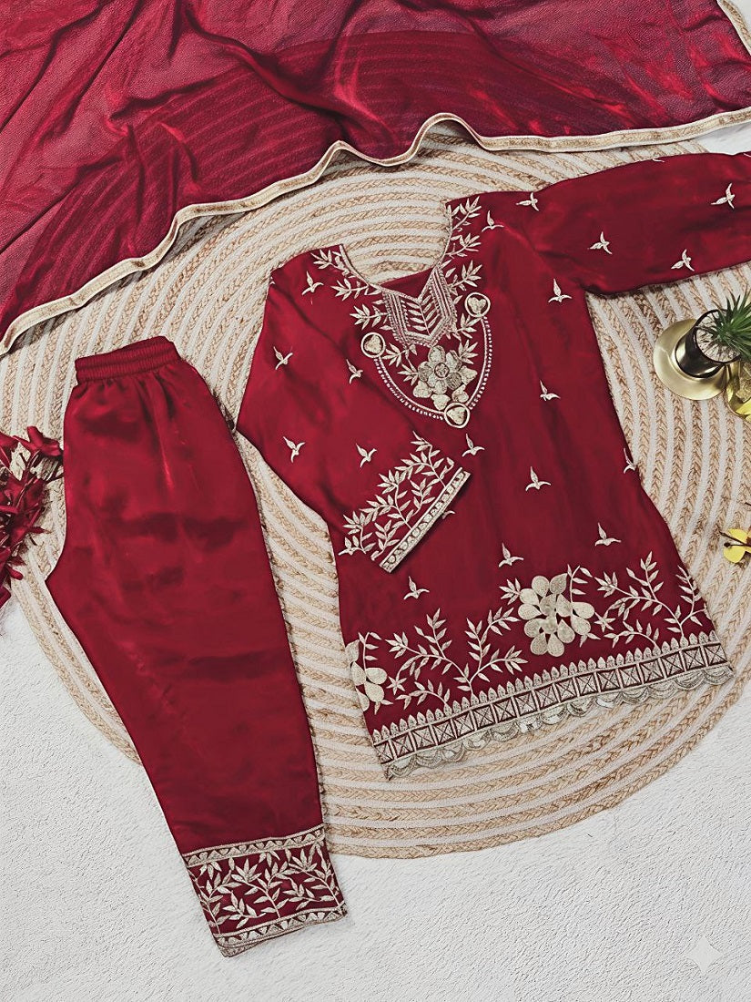 Evanik Maroon Silk Blend Embroidered Kids Top Salwar & Dupatta | Grocsy