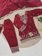 Evanik Maroon Silk Blend Embroidered Kids Top Salwar & Dupatta | Grocsy