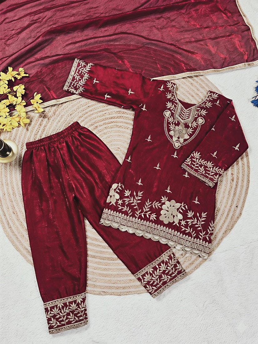Evanik Maroon Silk Blend Embroidered Kids Top Salwar & Dupatta | Grocsy
