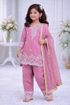 Evanik Pink Premium Chinon Silk Kids Party Wear Kurta Set | Grocsy