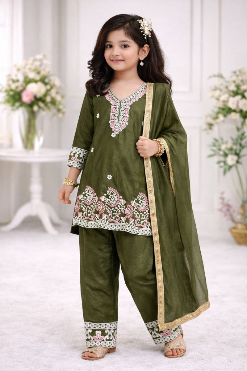 Evanik Green Premium Chinon Silk Kids Party Wear Kurta Set | Grocsy