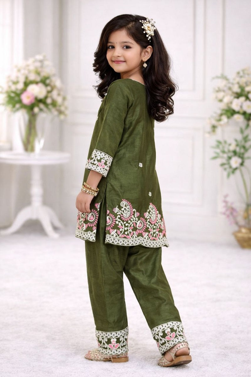 Evanik Green Premium Chinon Silk Kids Party Wear Kurta Set | Grocsy