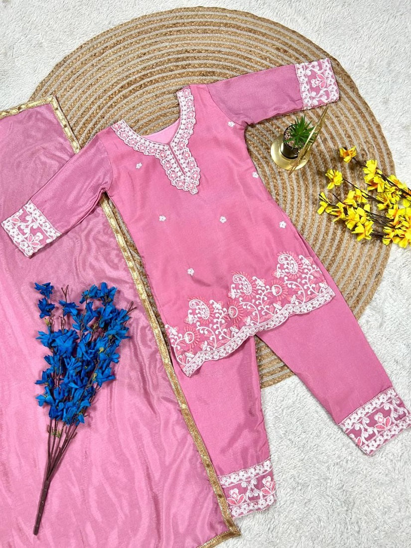 Evanik Pink Premium Chinon Silk Kids Party Wear Kurta Set | Grocsy