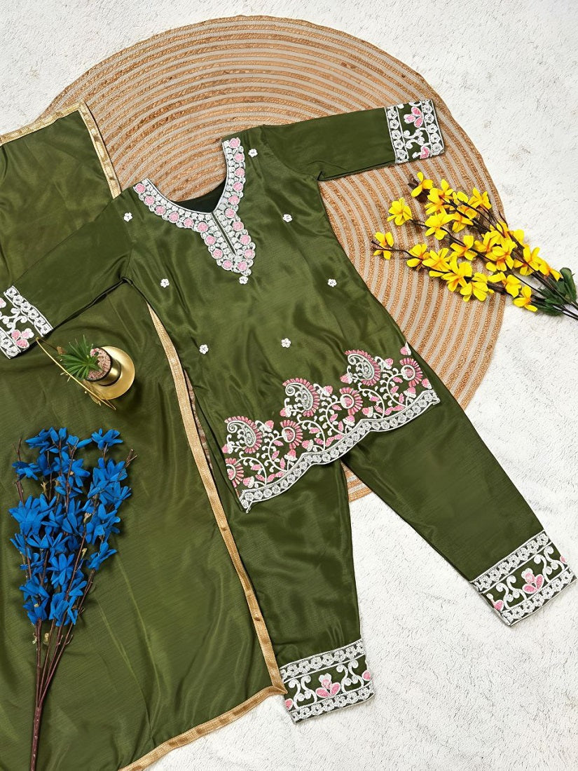 Evanik Green Premium Chinon Silk Kids Party Wear Kurta Set | Grocsy