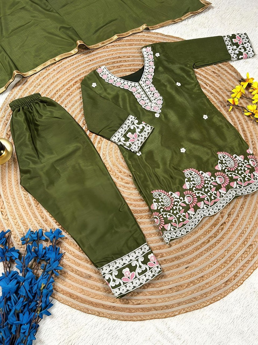 Evanik Green Premium Chinon Silk Kids Party Wear Kurta Set | Grocsy