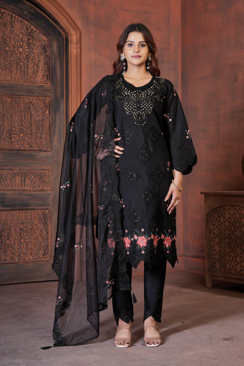 Pramukh Fab Black Color Viscose Roman Kurta Set | Grocsy