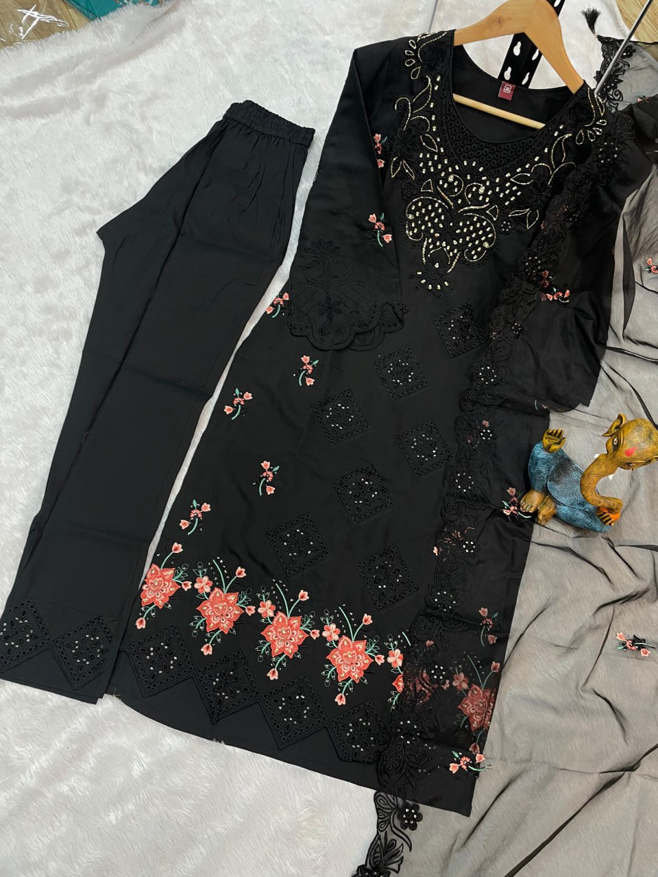 Pramukh Fab Black Color Viscose Roman Kurta Set | Grocsy