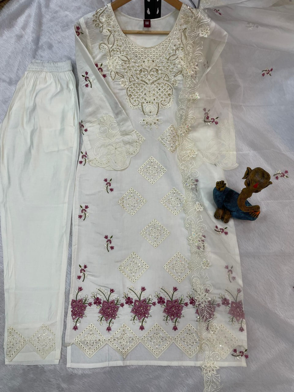 Pramukh Fab White Color Viscose Roman Kurta Set | Grocsy