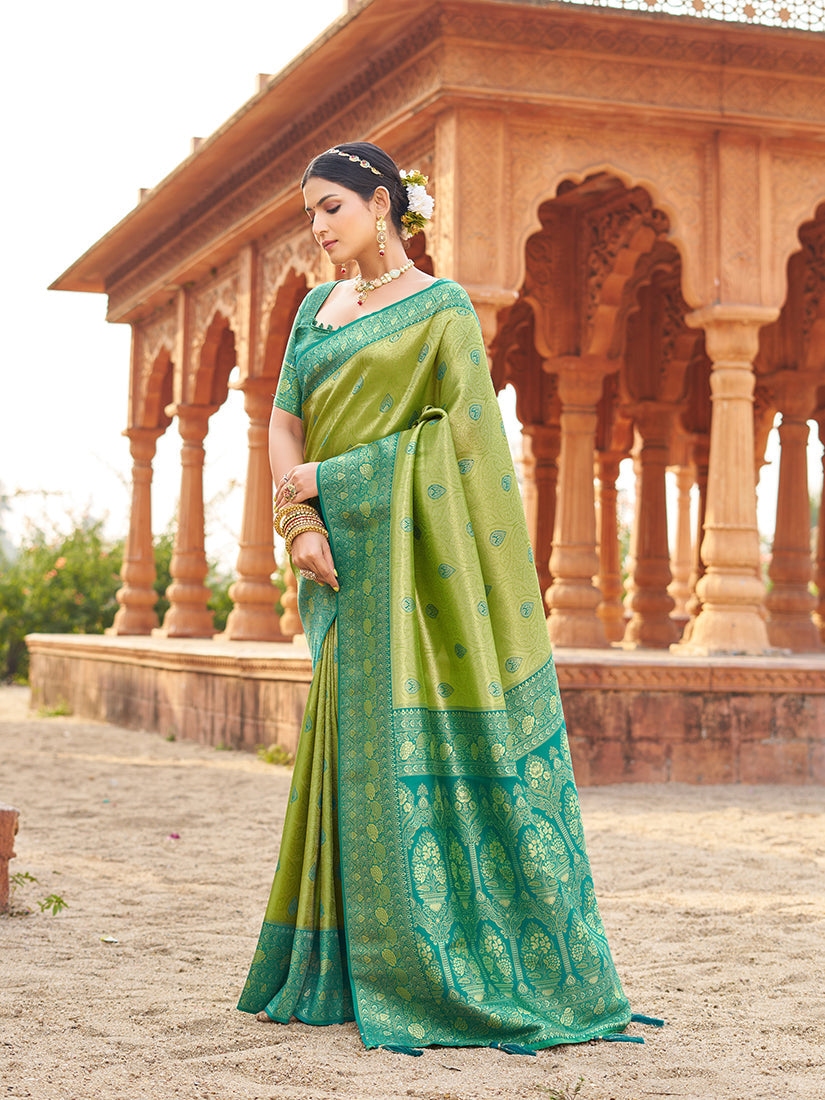 Monjolika Fashion Women's Green Soft Banarasi Silk Blend Zari Woven Saree With Blouse | Grocsy
