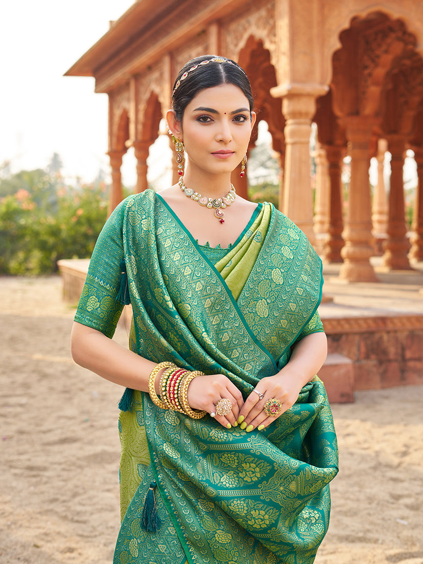 Monjolika Fashion Women's Green Soft Banarasi Silk Blend Zari Woven Saree With Blouse | Grocsy