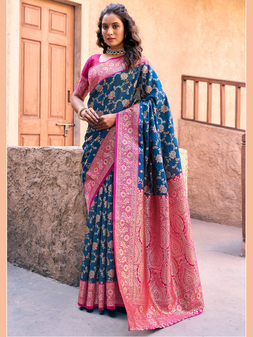Monjolika Fashion Navy Blue Soft Banarasi Silk Blend Zari Woven Saree With Blouse | Grocsy