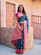 Monjolika Fashion Navy Blue Soft Banarasi Silk Blend Zari Woven Saree With Blouse | Grocsy