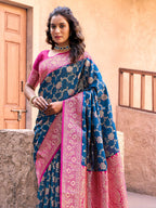Monjolika Fashion Navy Blue Soft Banarasi Silk Blend Zari Woven Saree With Blouse | Grocsy