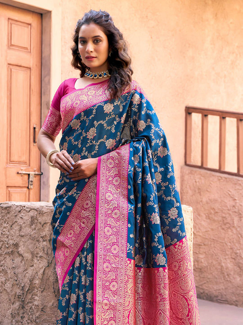 Monjolika Fashion Navy Blue Soft Banarasi Silk Blend Zari Woven Saree With Blouse | Grocsy