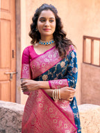 Monjolika Fashion Navy Blue Soft Banarasi Silk Blend Zari Woven Saree With Blouse | Grocsy