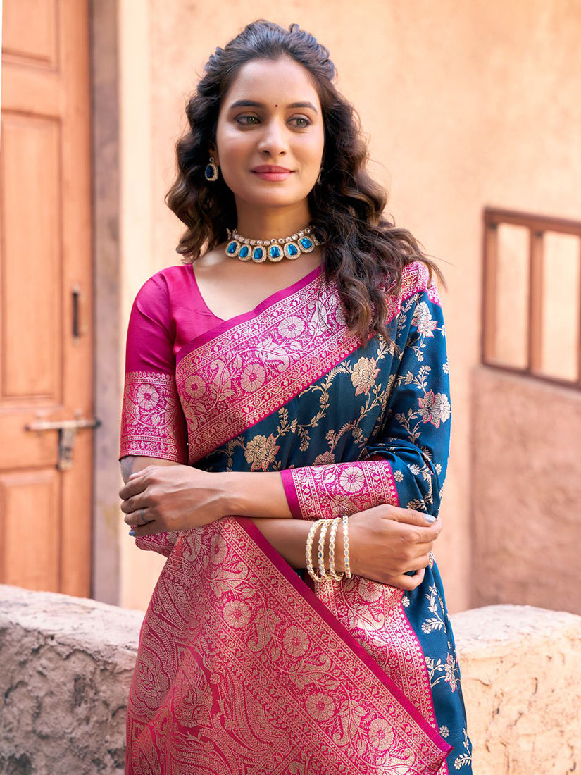 Monjolika Fashion Navy Blue Soft Banarasi Silk Blend Zari Woven Saree With Blouse | Grocsy