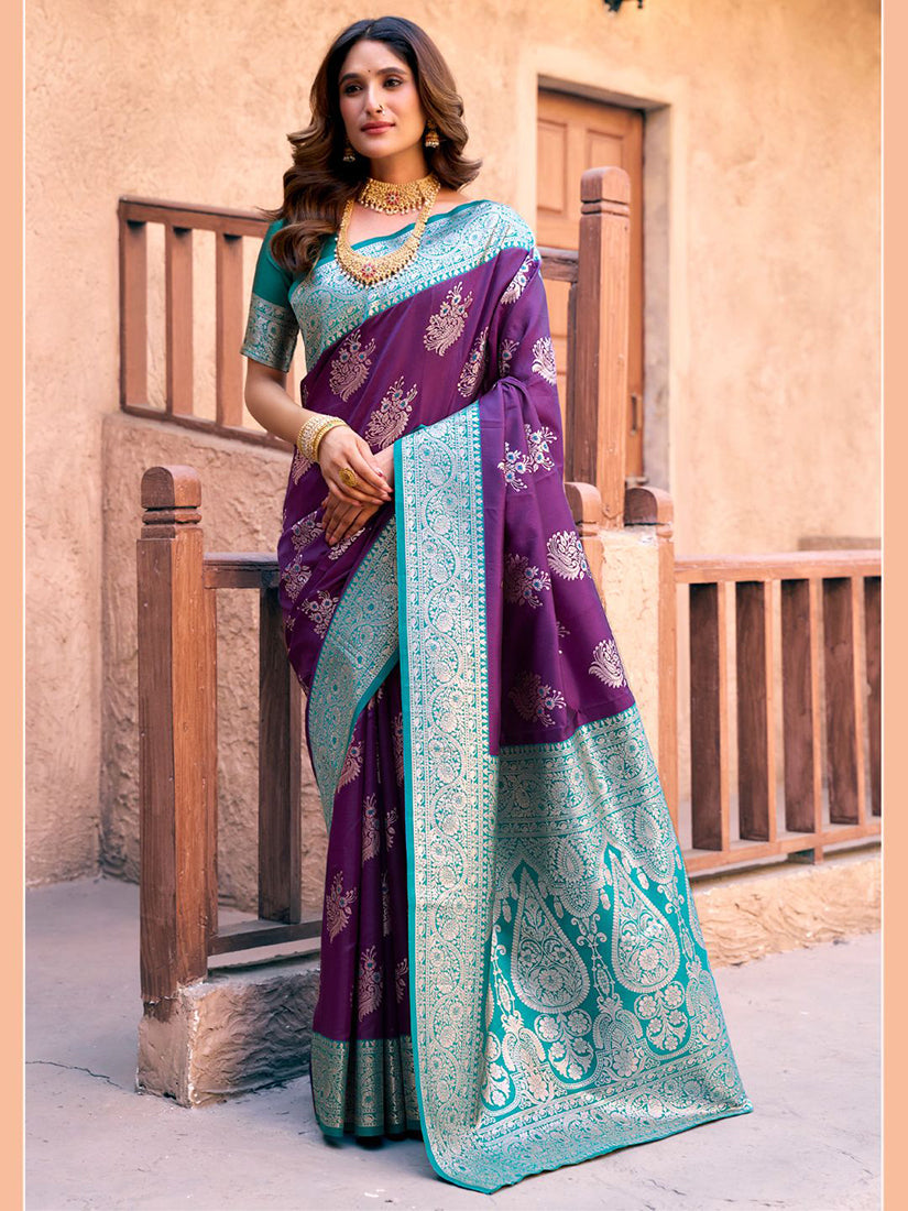 Monjolika Fashion Purple Soft Banarasi Silk Blend Zari Woven Saree With Blouse | Grocsy