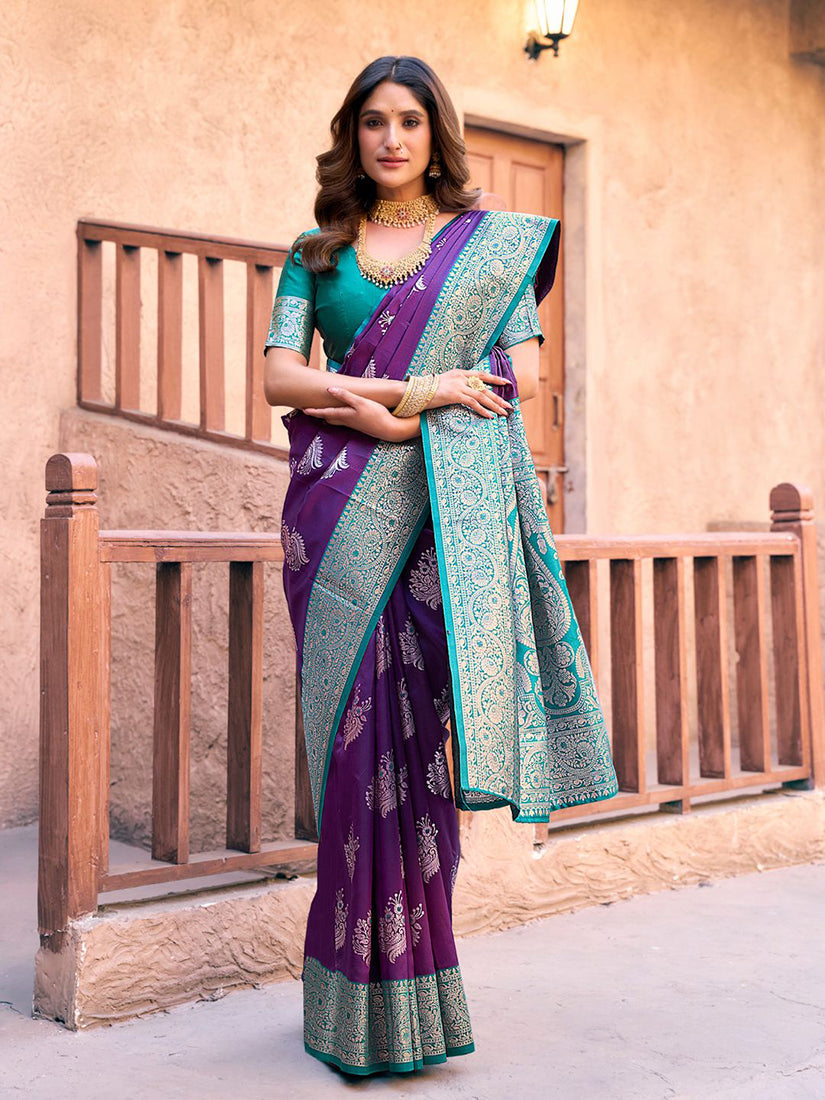 Monjolika Fashion Purple Soft Banarasi Silk Blend Zari Woven Saree With Blouse | Grocsy