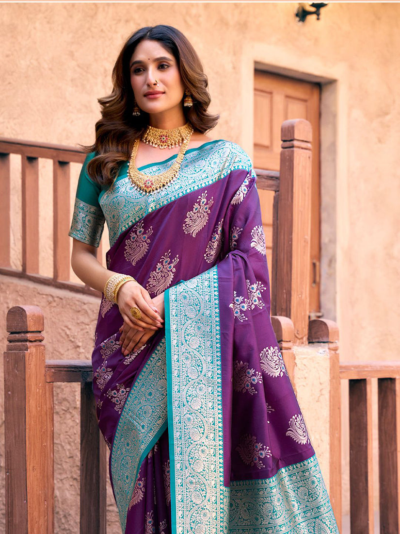 Monjolika Fashion Purple Soft Banarasi Silk Blend Zari Woven Saree With Blouse | Grocsy